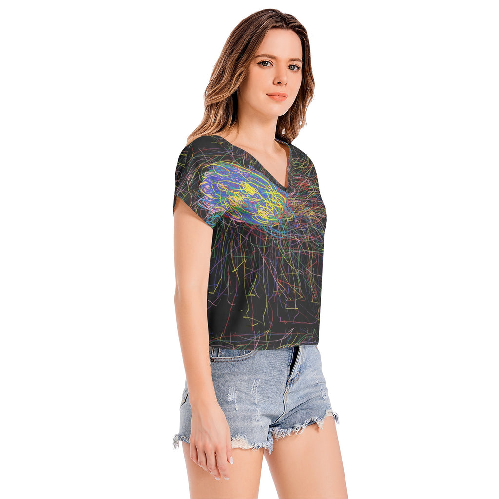 black printed Batwing Sleeve V-Neck Top
