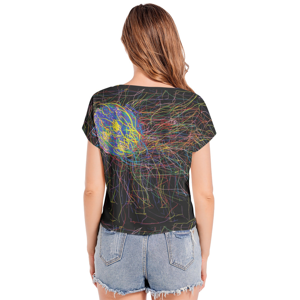 black printed Batwing Sleeve V-Neck Top