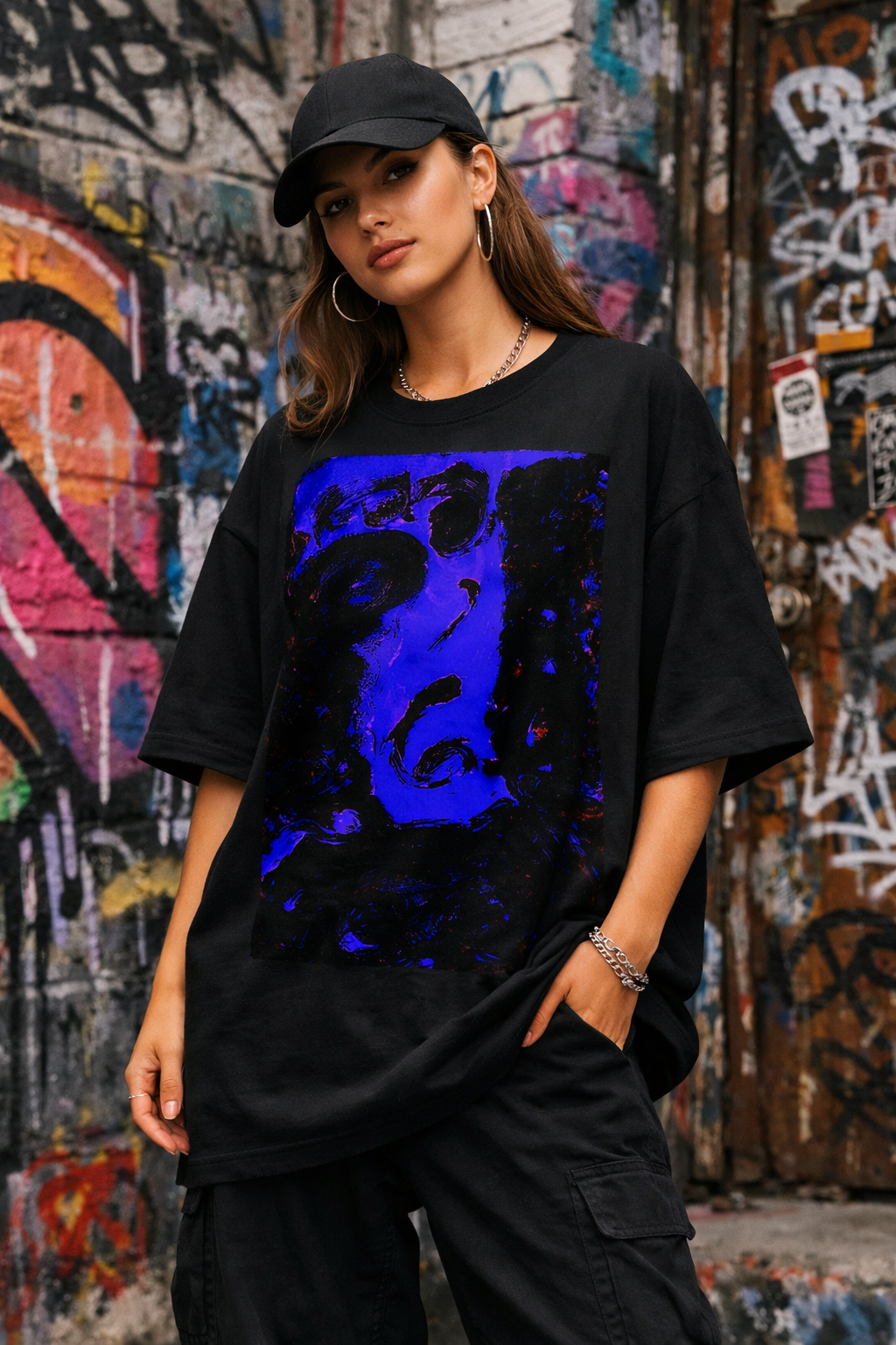 Oversized Tee — Midnight Mirage Abstract Blue Face Graphic