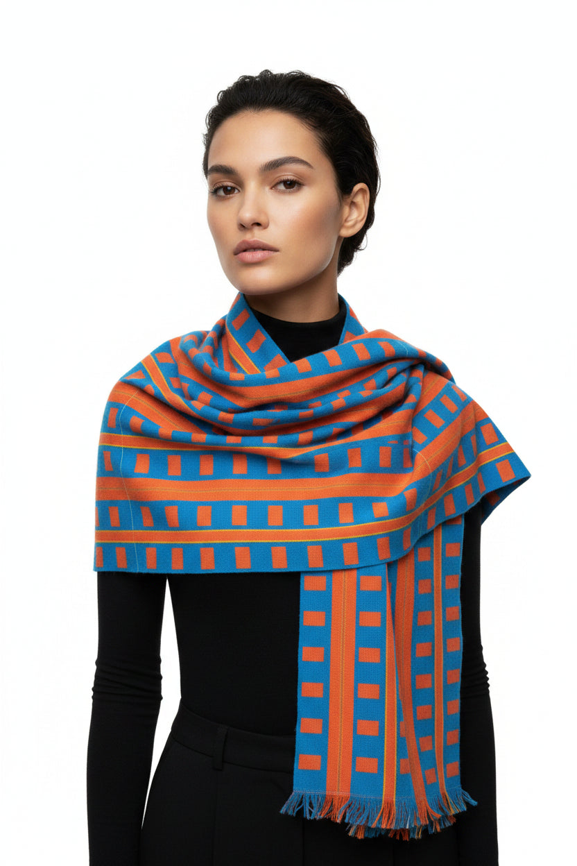 Geometric Stripe Lightweight Scarf — Colorblock Blue & Orange Fashion Wrap
