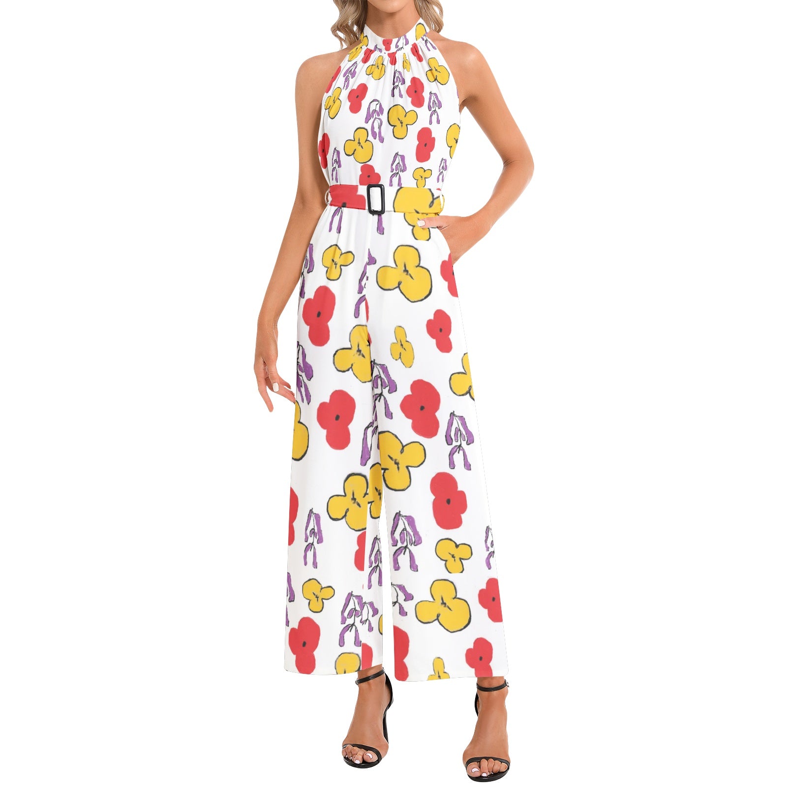 Floral Halter Neck Buckle Belted Jumpsuit
