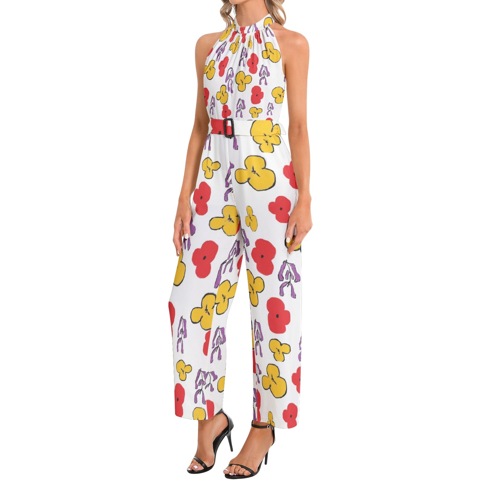 Floral Halter Neck Buckle Belted Jumpsuit