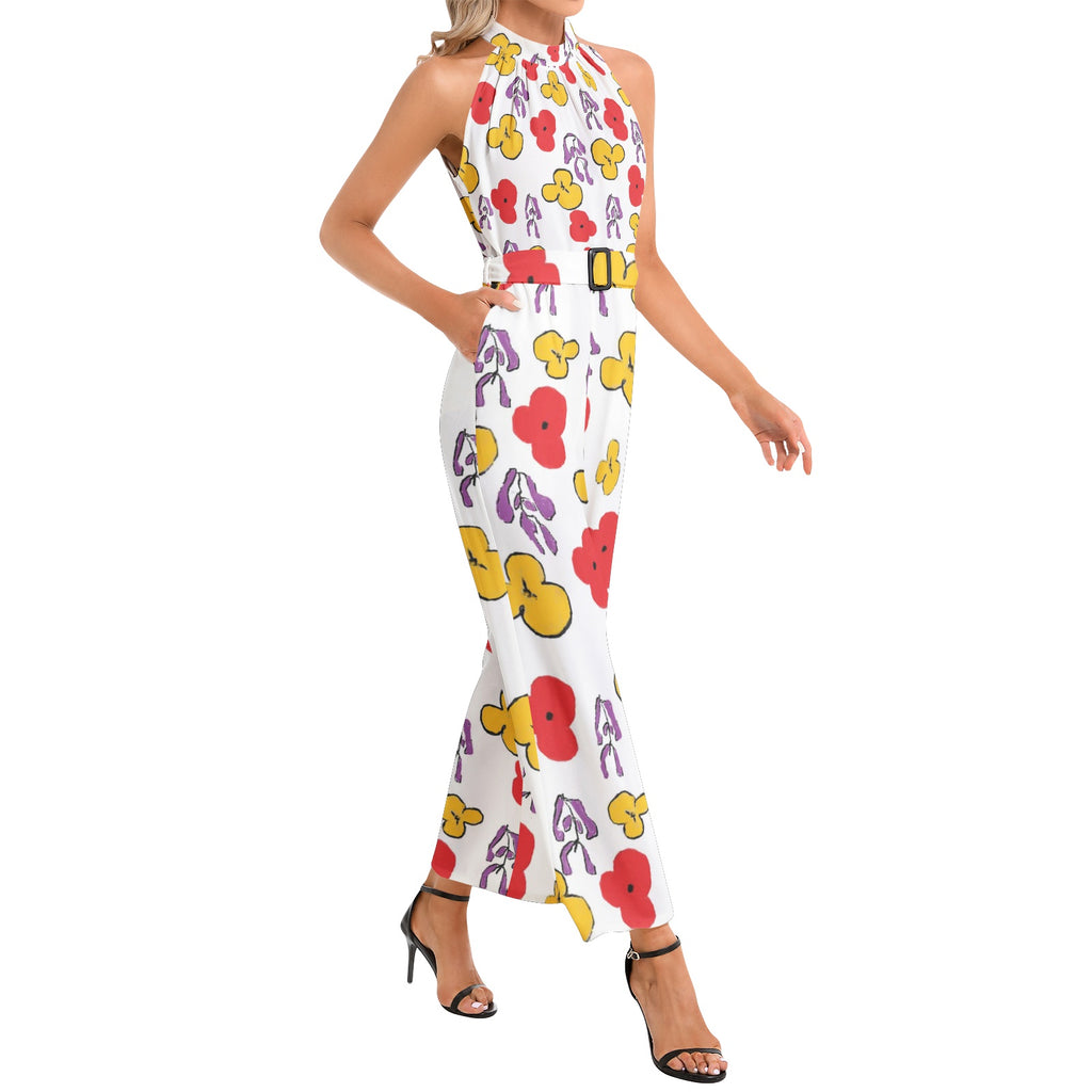 Floral Halter Neck Buckle Belted Jumpsuit