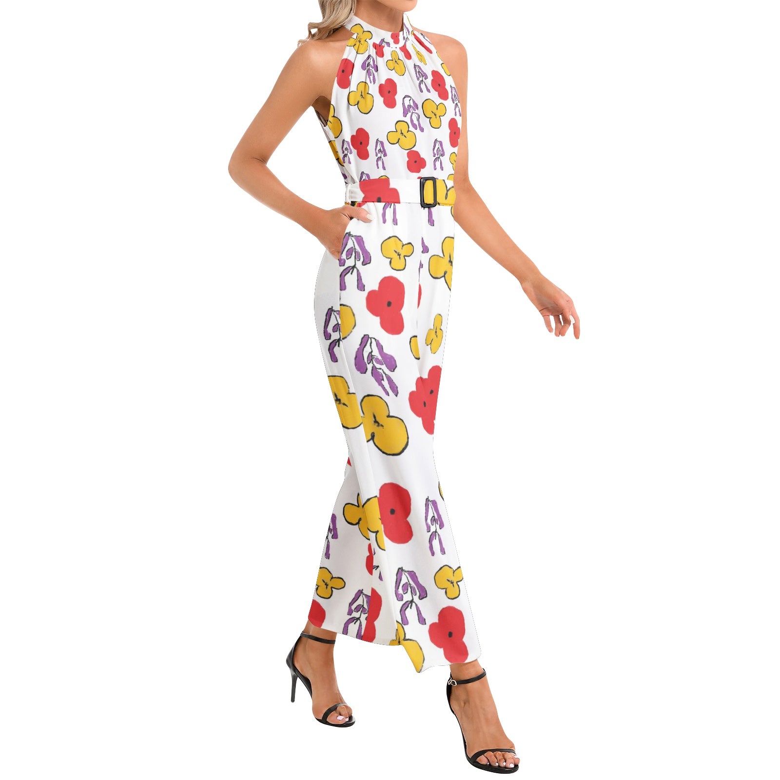 Floral Halter Neck Buckle Belted Jumpsuit