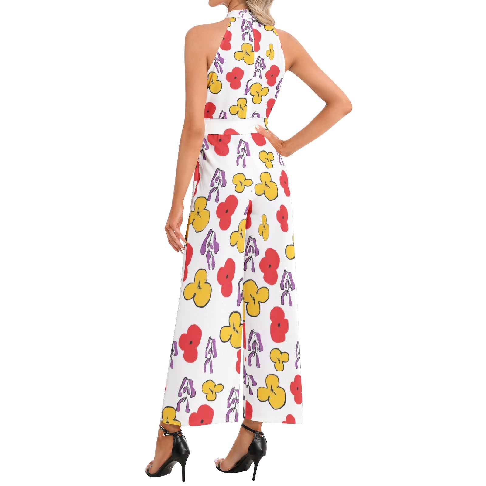 Floral Halter Neck Buckle Belted Jumpsuit