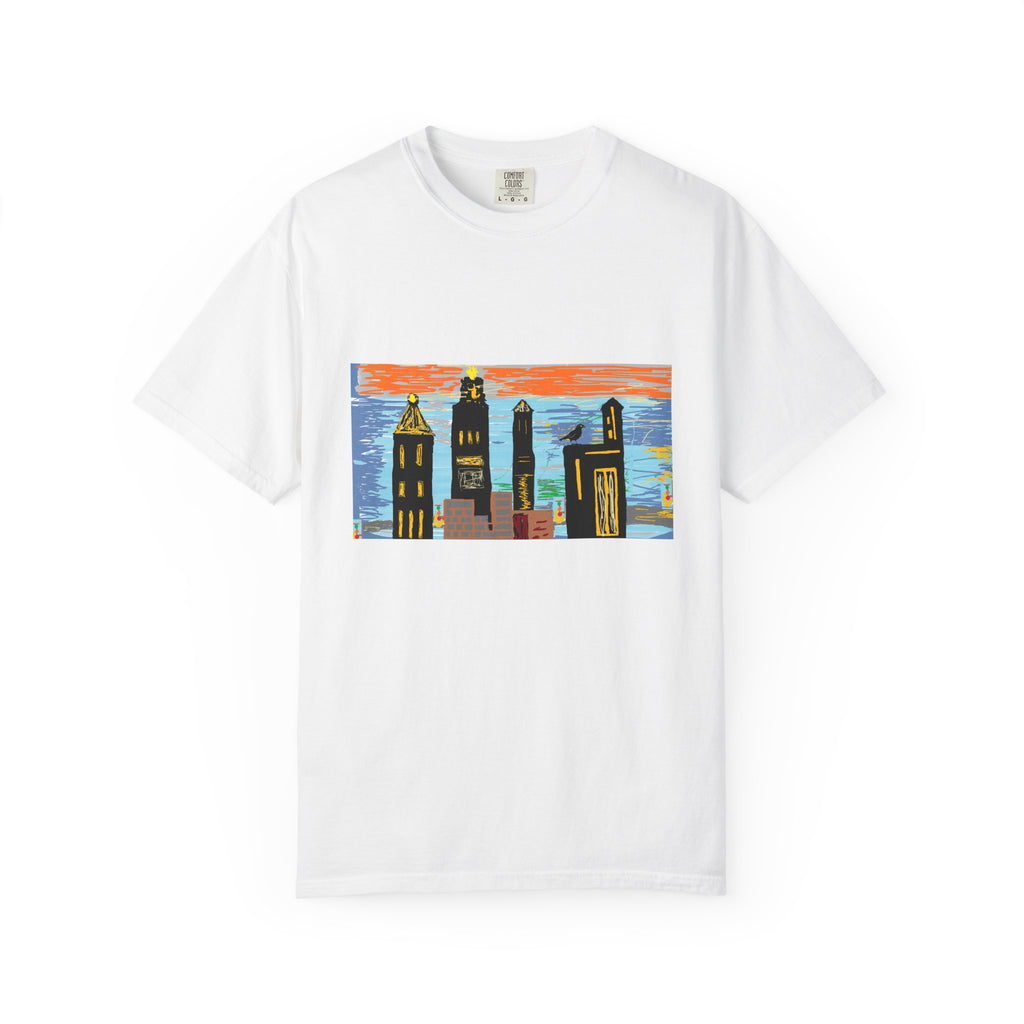 City Skyline T-Shirt — Colorful Hand-Drawn Urban Sunset Tee