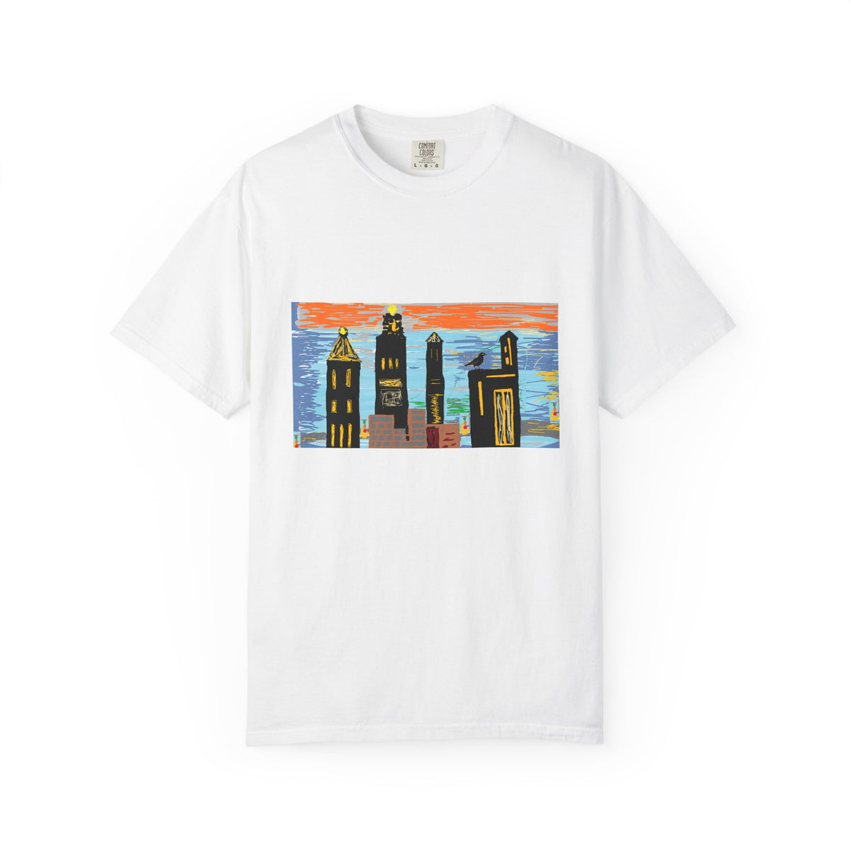 City Skyline T-Shirt — Colorful Hand-Drawn Urban Sunset Tee