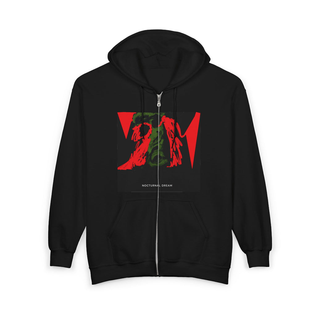 Zip Hoodie – Red & Green Abstract Angel Graphic, 'Nocturnal Dream' Streetwear