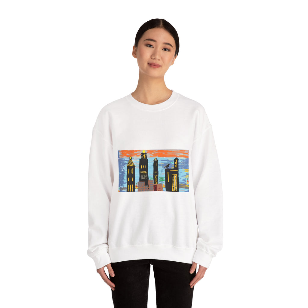City Skyline Crewneck Sweatshirt — Colorful Urban Sunset Graphic
