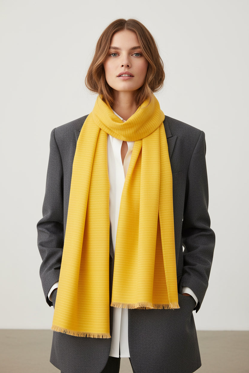Lightweight Yellow Ribbed Scarf — Soft Fringe Accent, Spring/Summer Accessory