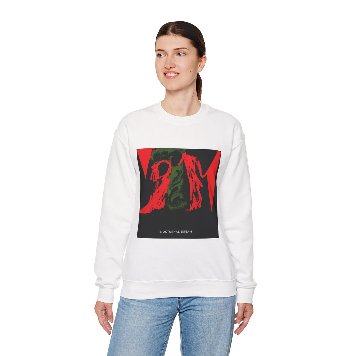 Nocturnal Dream Graphic Sweatshirt — Abstract Red & Green Art Crewneck