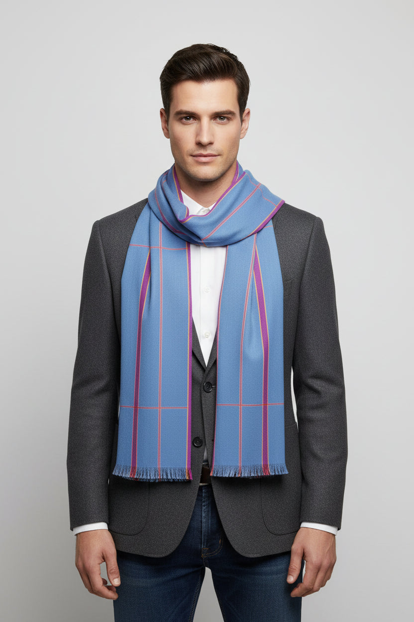 Light Blue Striped Scarf — Lightweight Pastel Plaid Wrap
