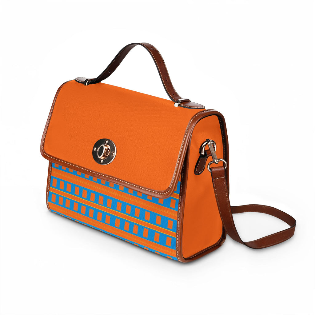 Waterproof Canvas Satchel — Orange & Blue Geometric Crossbody Bag