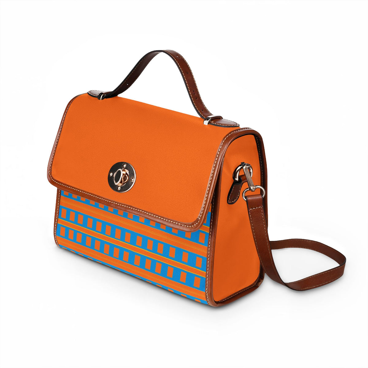 Waterproof Canvas Satchel — Orange & Blue Geometric Crossbody Bag