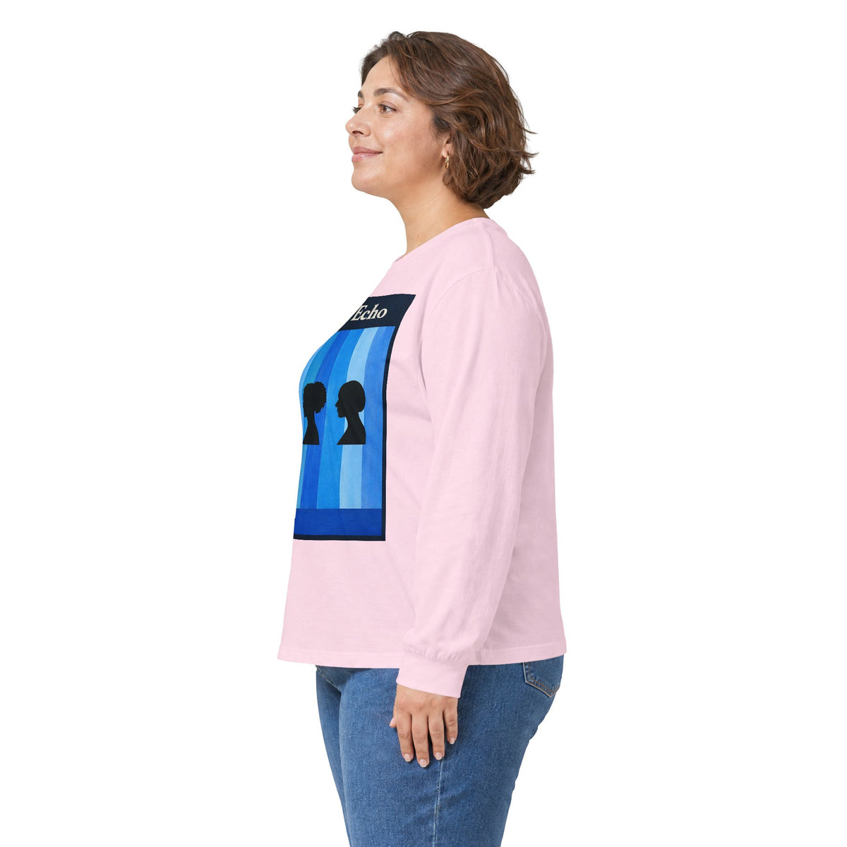 Azure Echo Long Sleeve Tee — Blue Stripe Silhouette Graphic