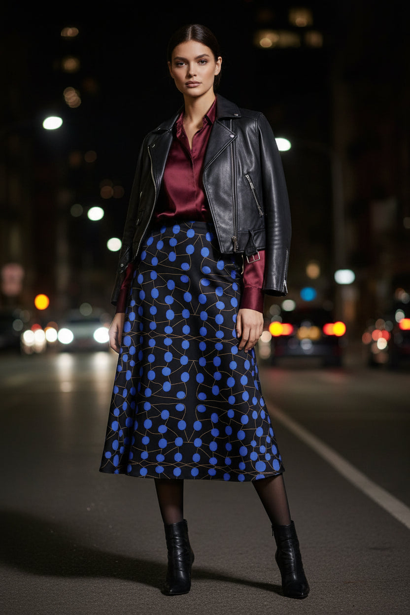 Blue Dots on Black-Midi Skirt