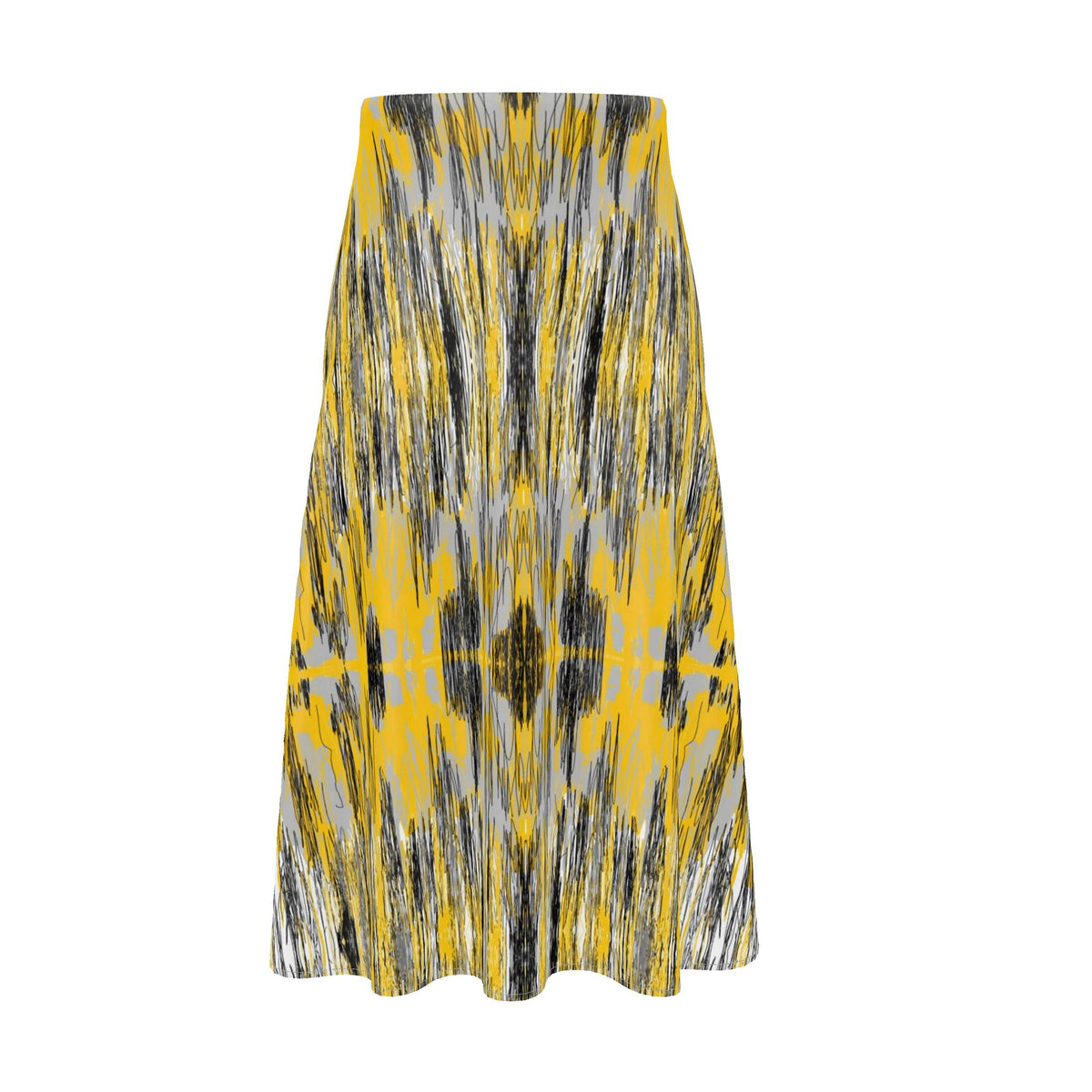 Ikat Midi Skirt | Bold Abstract Print A-Line Skirt in Gold, Black & Grey