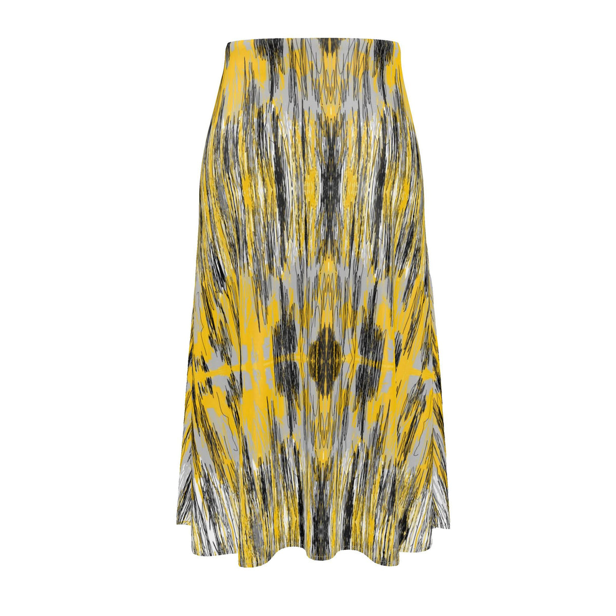 Ikat Midi Skirt | Bold Abstract Print A-Line Skirt in Gold, Black & Grey