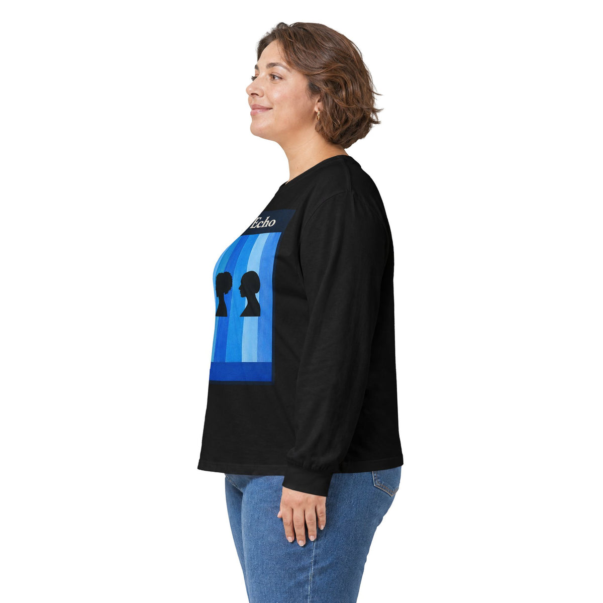 Azure Echo Long Sleeve Tee — Blue Stripe Silhouette Graphic