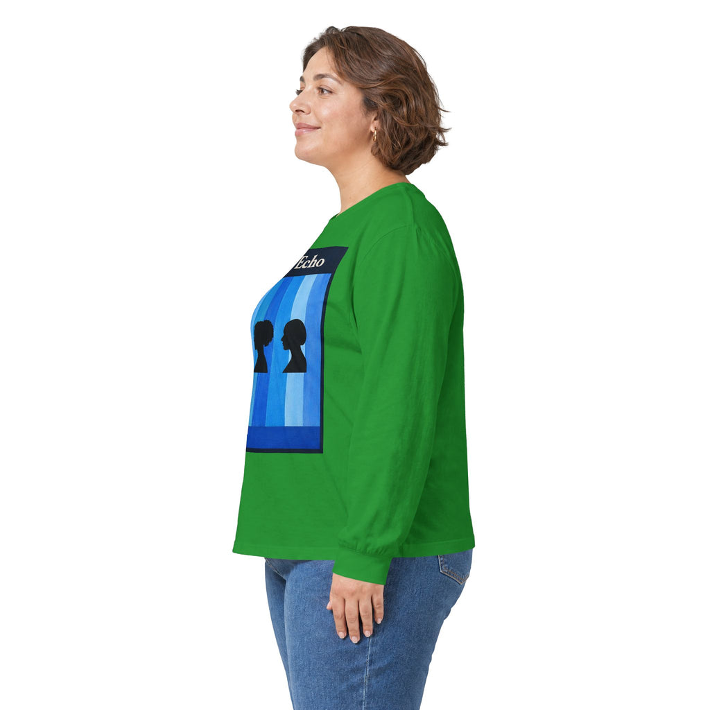 Azure Echo Long Sleeve Tee — Blue Stripe Silhouette Graphic