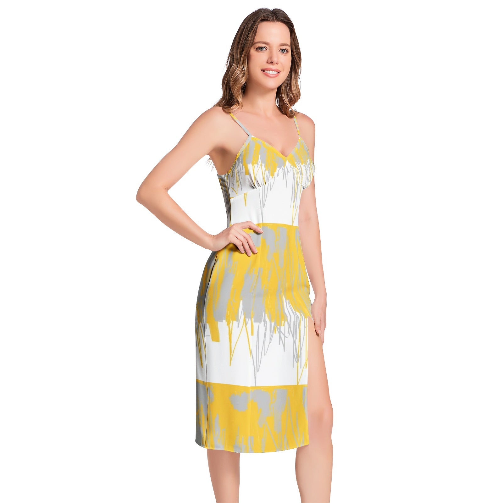 yellow Split Thigh V-Neck Cami Dress