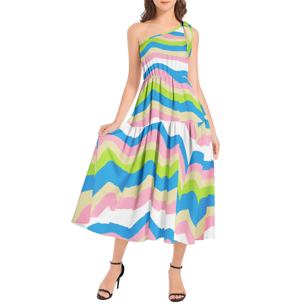 Colorful Ruffle Hem One Shoulder Midi Dress