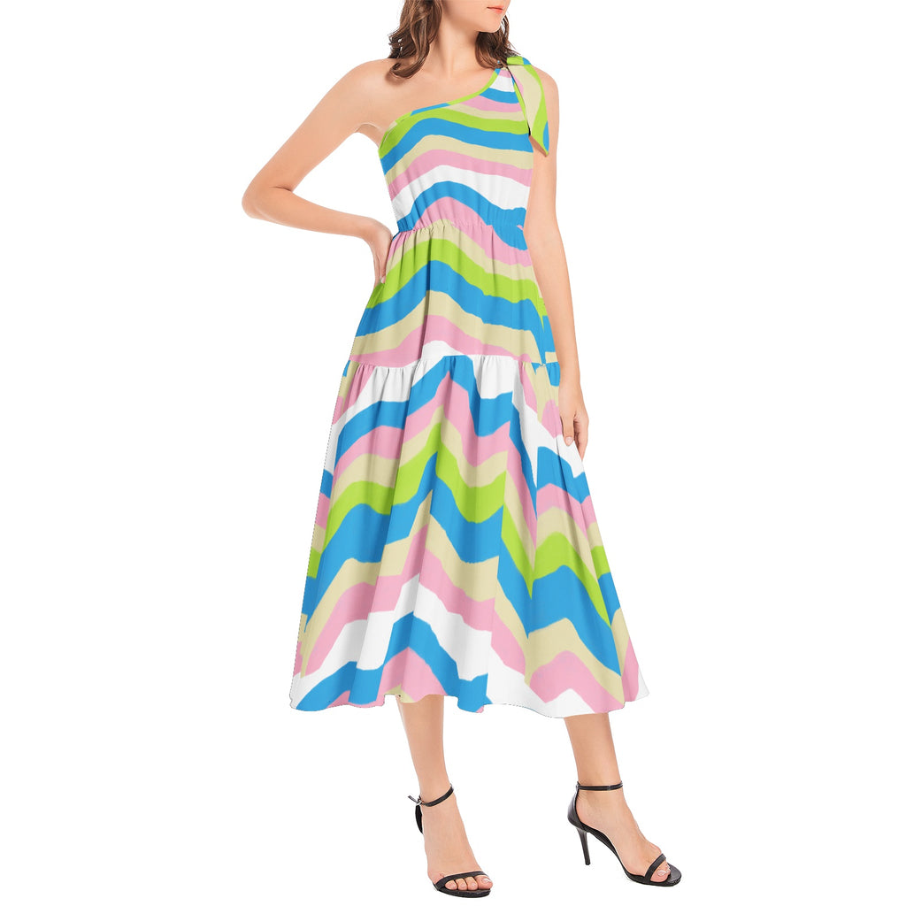 Colorful Ruffle Hem One Shoulder Midi Dress