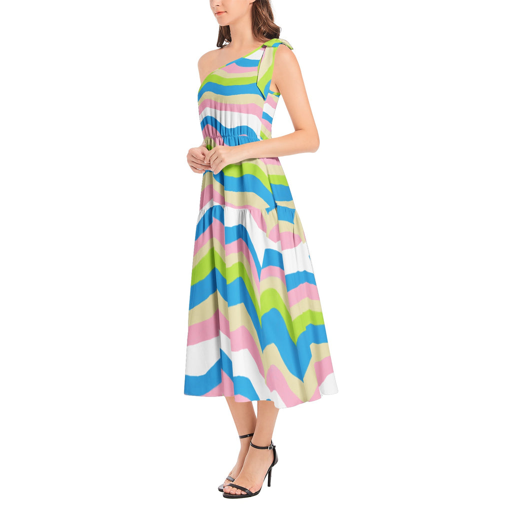 Colorful Ruffle Hem One Shoulder Midi Dress