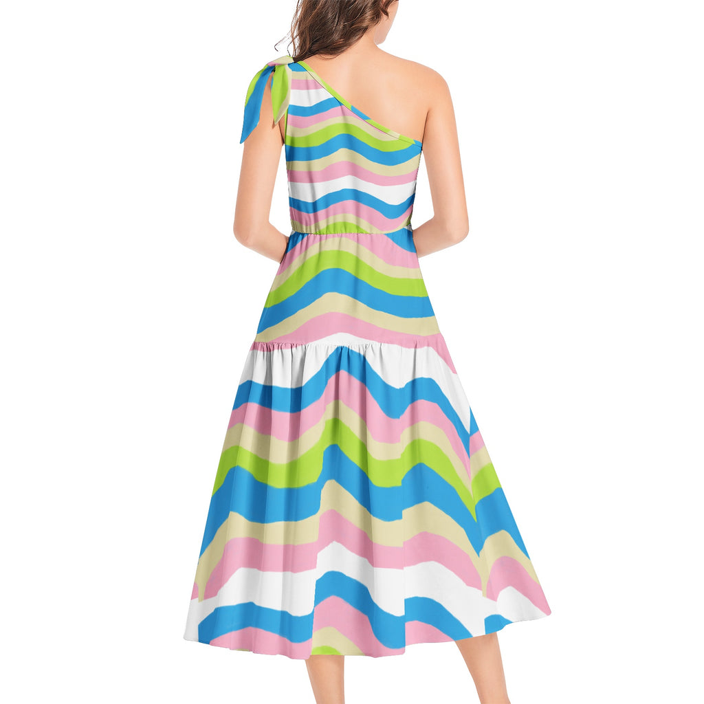 Colorful Ruffle Hem One Shoulder Midi Dress