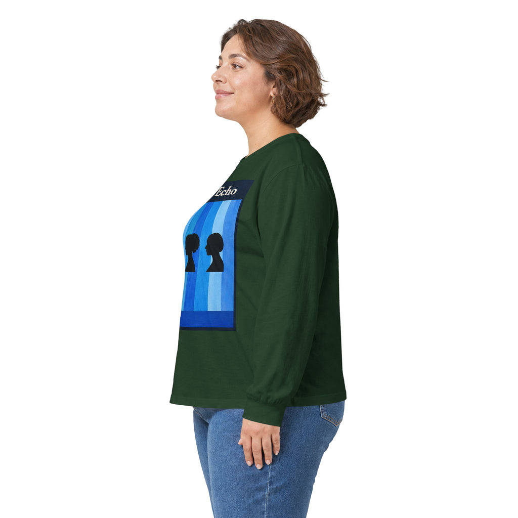 Azure Echo Long Sleeve Tee — Blue Stripe Silhouette Graphic