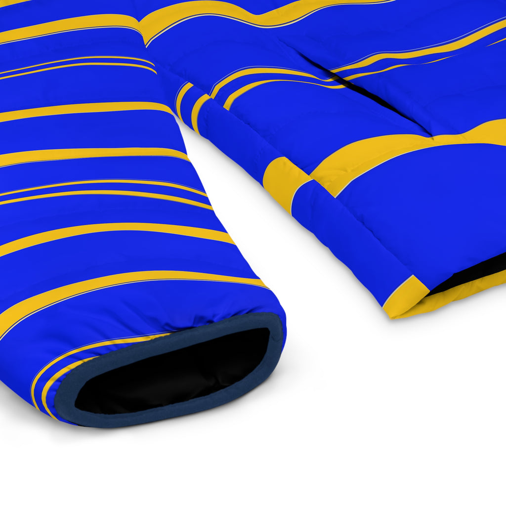 Blue & Yellow Striped Puffer Jacket — Men's Bold Colorblock Winter Coat