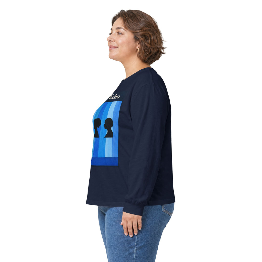 Azure Echo Long Sleeve Tee — Blue Stripe Silhouette Graphic