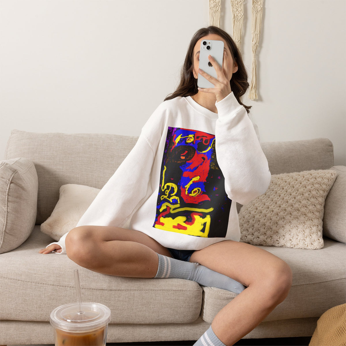 Abstract Neon Art Sweatshirt — Colorful Pop Portrait Crewneck