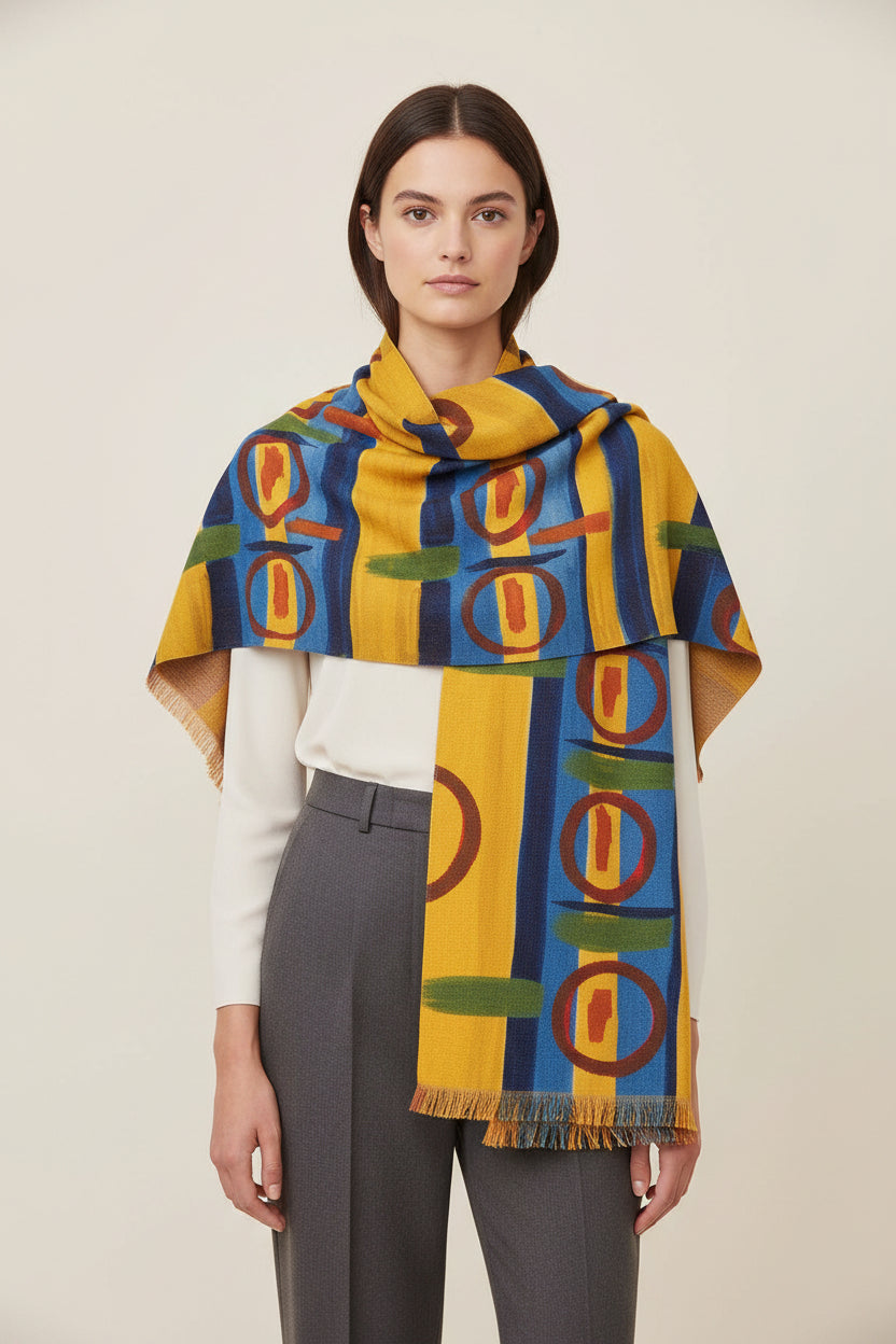 Geometric Gold and Blue Light Scarf — Lightweight Abstract Pattern Wrap