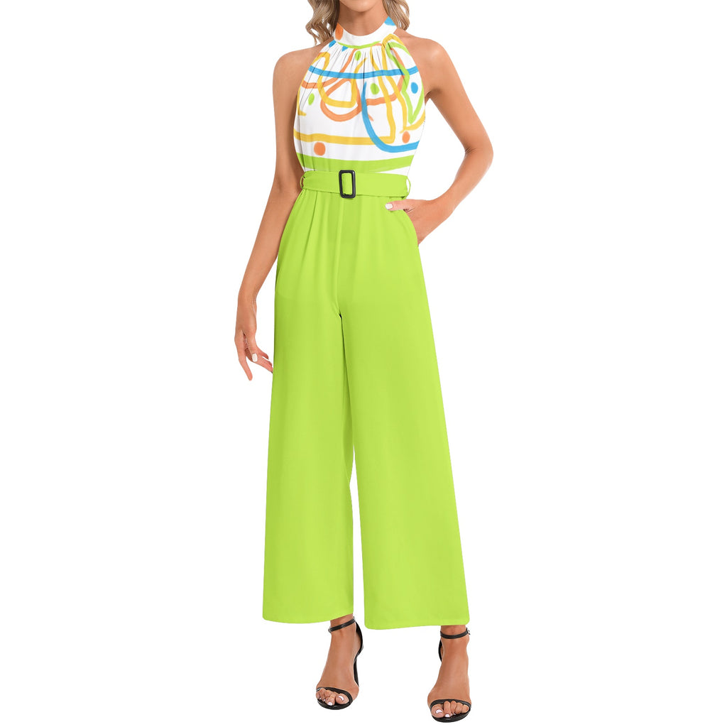 Halter Neck Buckle Belted Jumpsuit