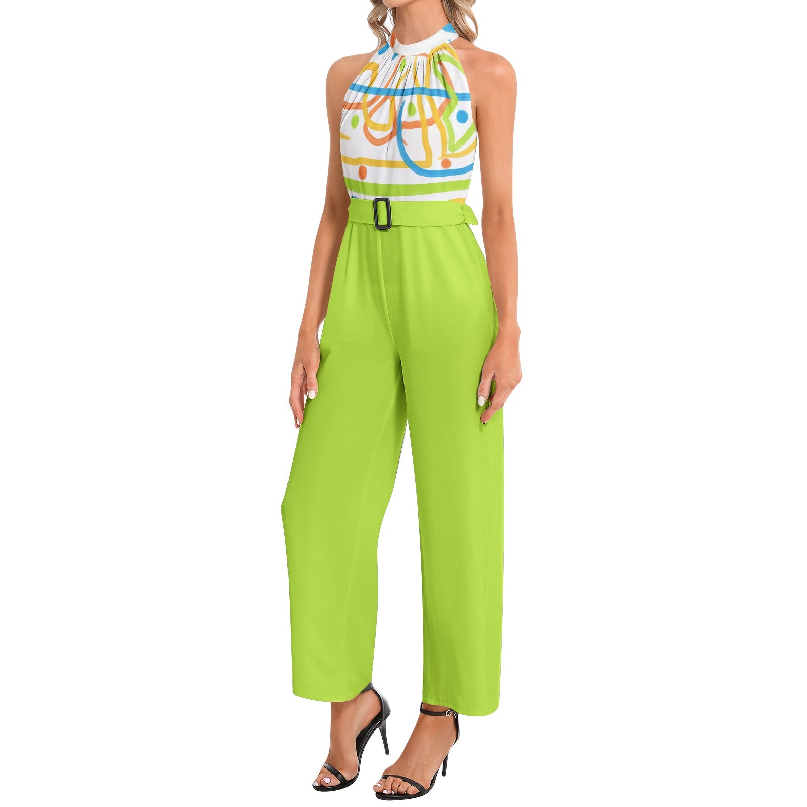 Halter Neck Buckle Belted Jumpsuit