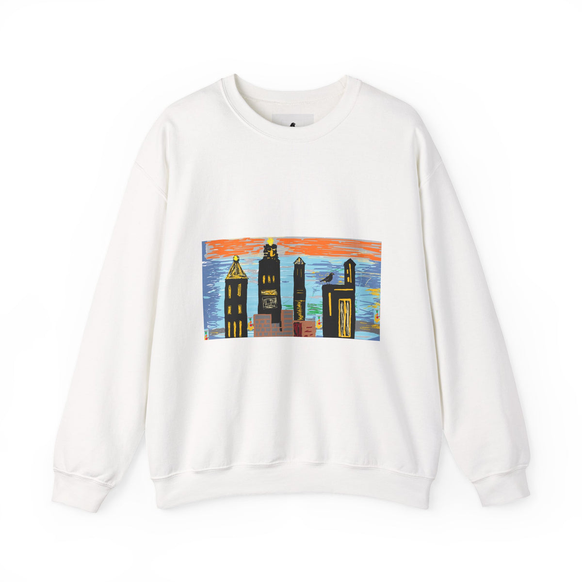 City Skyline Crewneck Sweatshirt — Colorful Urban Sunset Graphic