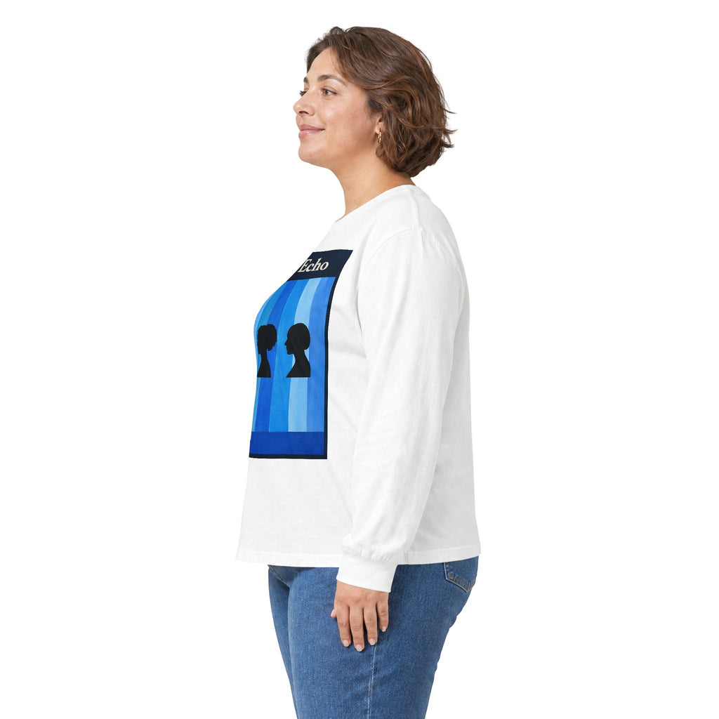 Azure Echo Long Sleeve Tee — Blue Stripe Silhouette Graphic