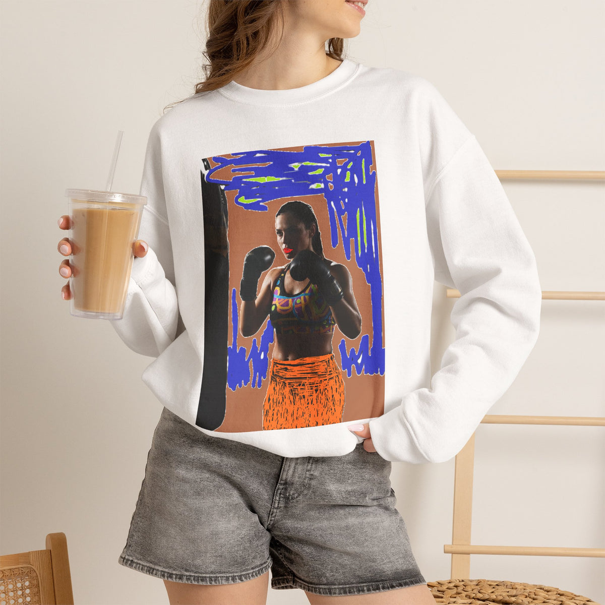Boxing Woman Art Crewneck Sweatshirt — Retro Skate-Punk Portrait Design