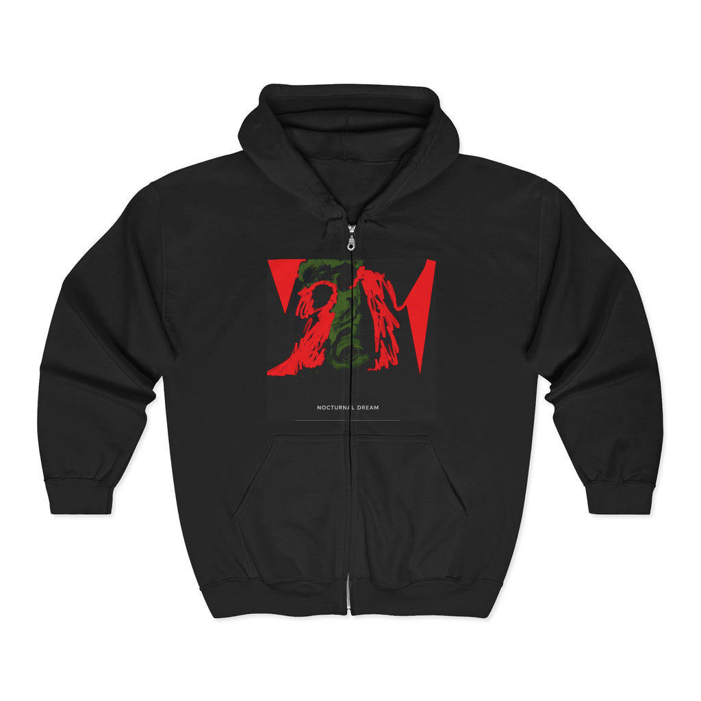 Zip Hoodie – Red & Green Abstract Angel Graphic, 'Nocturnal Dream' Streetwear
