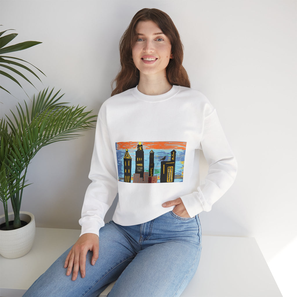 City Skyline Crewneck Sweatshirt — Colorful Urban Sunset Graphic