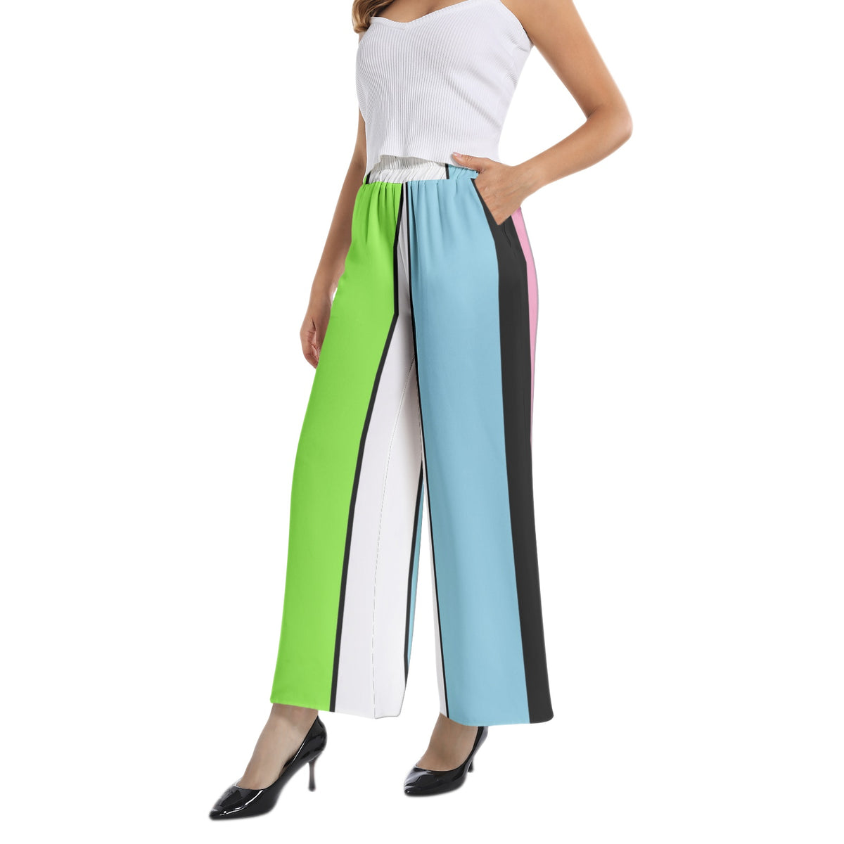 Color Stripes-Elastic Waist Wide Leg Pant