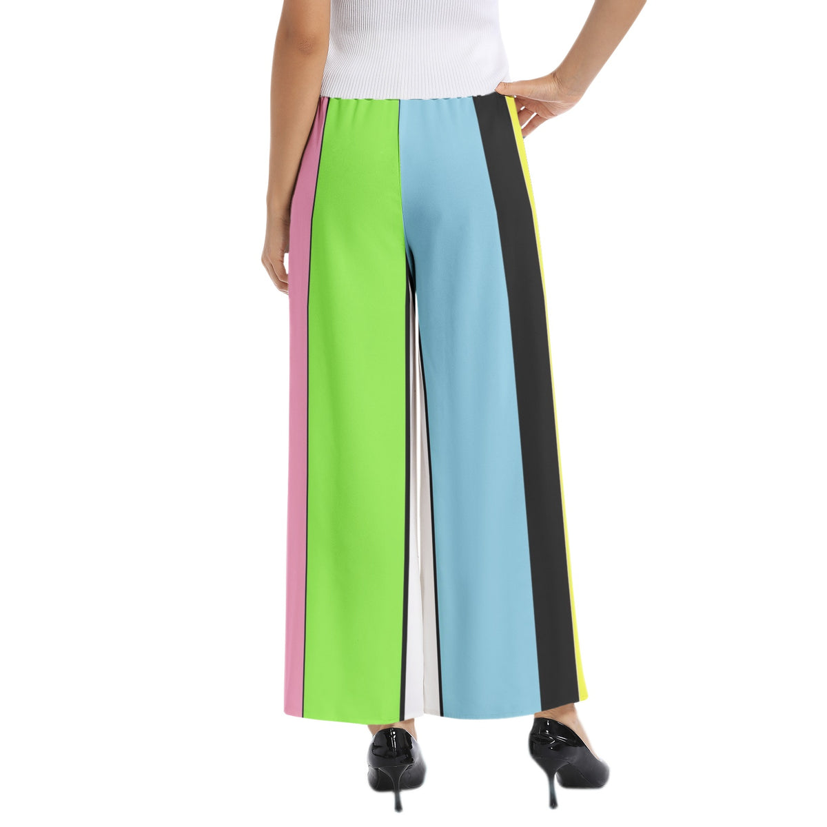 Color Stripes-Elastic Waist Wide Leg Pant