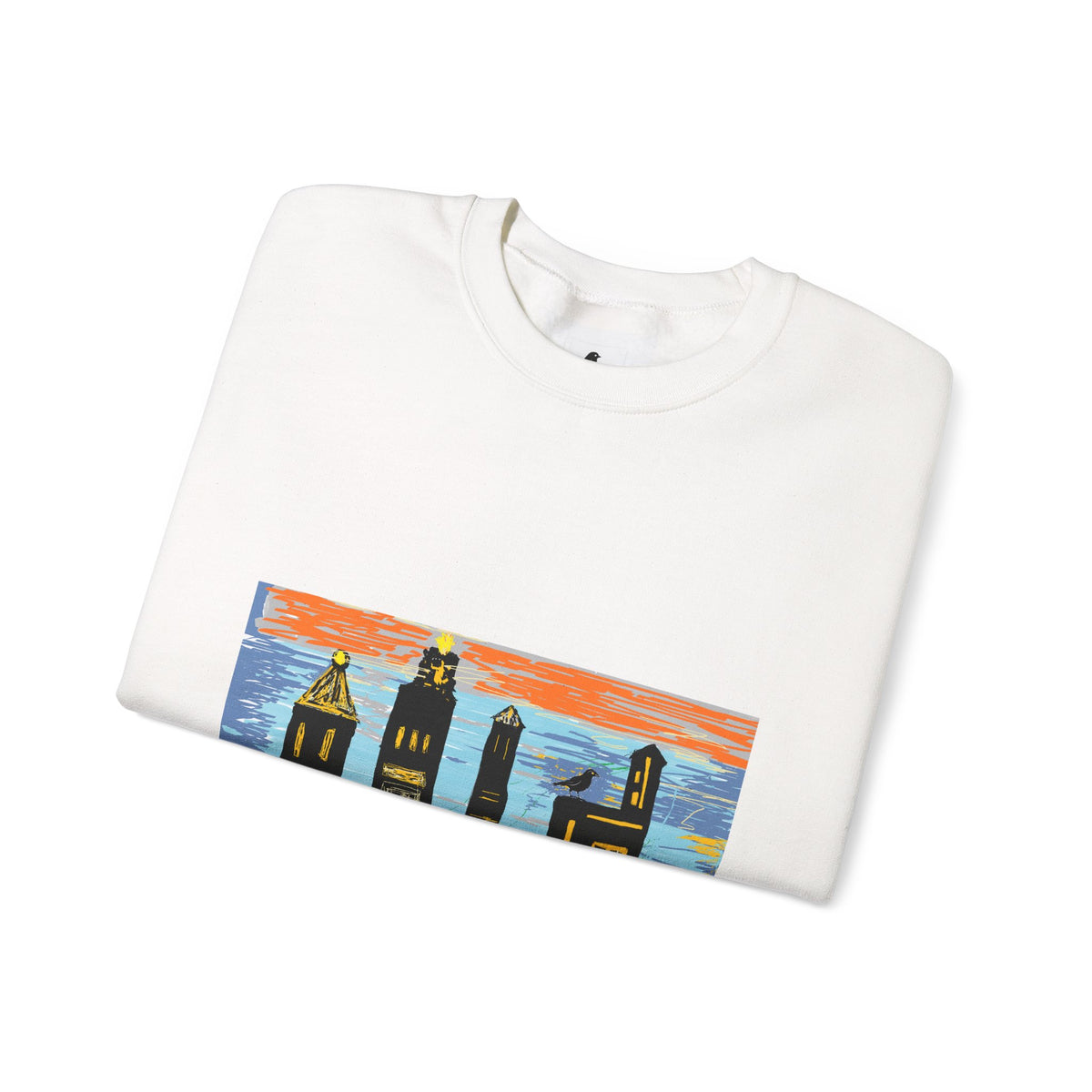 City Skyline Crewneck Sweatshirt — Colorful Urban Sunset Graphic