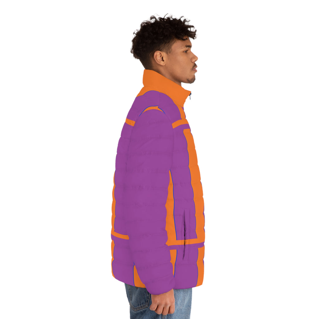 Colorblock Geometric Puffer Jacket — Bold Orange & Purple Men's Coat