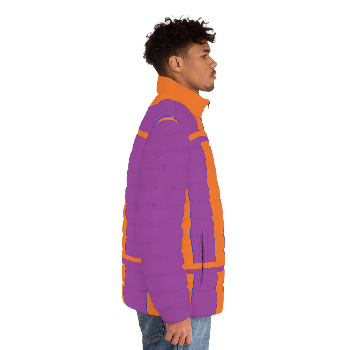 Colorblock Geometric Puffer Jacket — Bold Orange & Purple Men's Coat