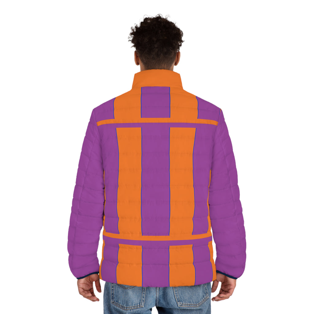 Colorblock Geometric Puffer Jacket — Bold Orange & Purple Men's Coat