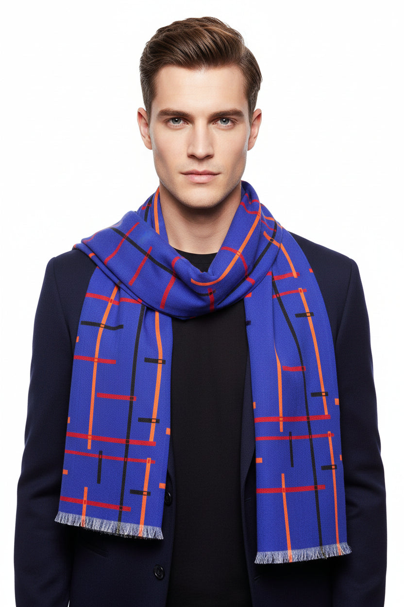 Geometric Grid Light Scarf — Modern Blue & Orange Patterned Wrap