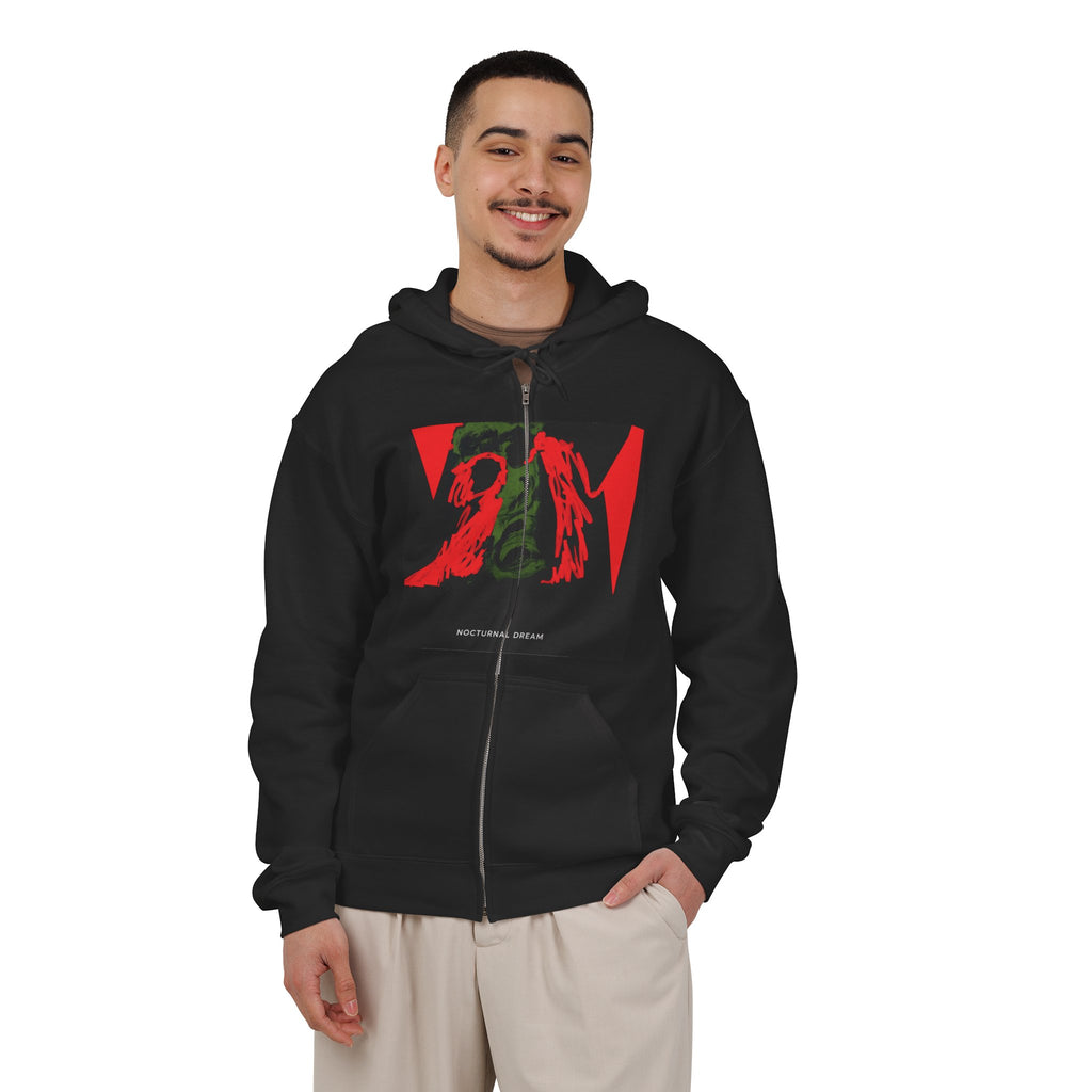 Zip Hoodie – Red & Green Abstract Angel Graphic, 'Nocturnal Dream' Streetwear
