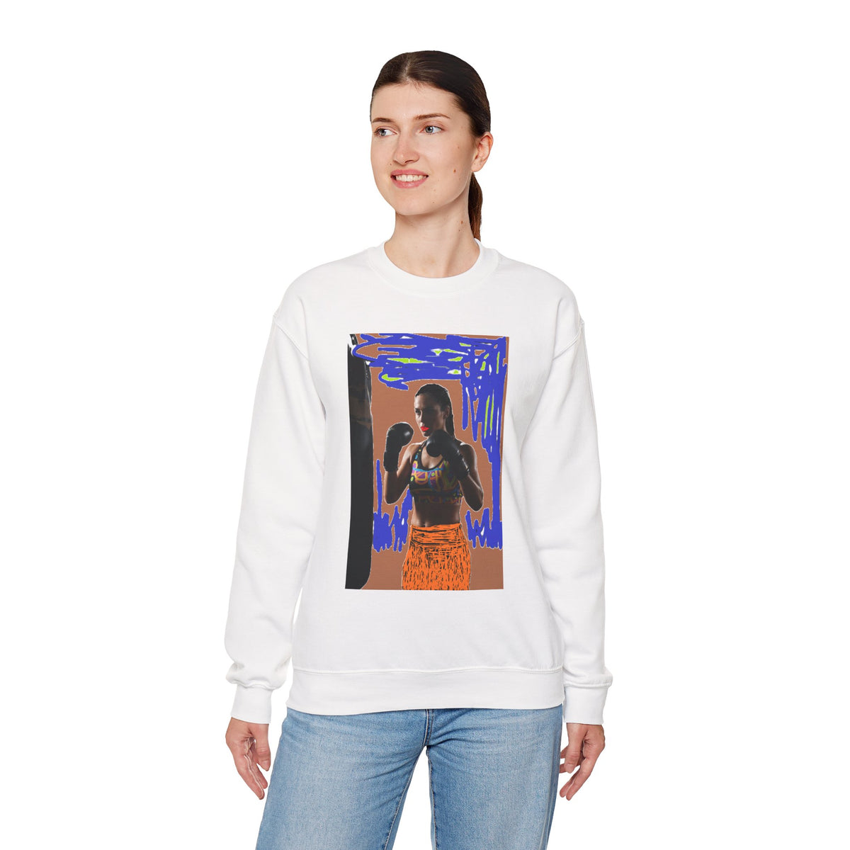 Boxing Woman Art Crewneck Sweatshirt — Retro Skate-Punk Portrait Design